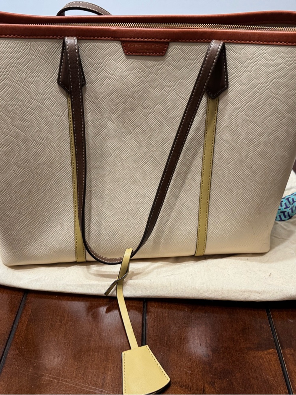 Tory Burch Cream Tote with Brown Handles and Yellow Trim
